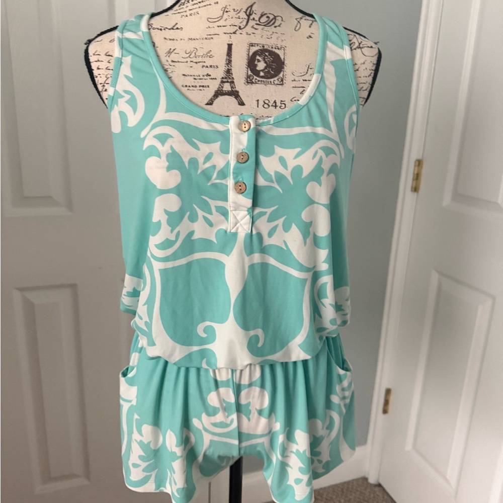Tori Richard Blue and White Sleeveless Peplum Tank Top romper